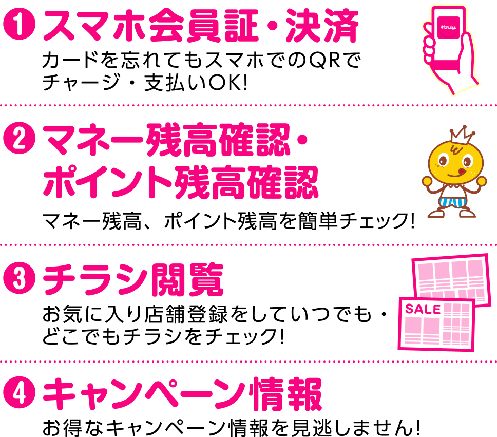 ①スマホ会員証・決済,②マネー残高確認・ポイント残高確認,③チラシ閲覧,④キャンペーン情報
